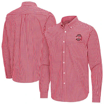 Men's Antigua Scarlet Ohio State Buckeyes Ellis Woven Tri-Blend Long Sleeve Button-Down Shirt