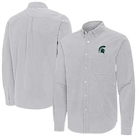 Men's Antigua Gray Michigan State Spartans Porter Woven Tri-Blend Long Sleeve Button-Down Shirt