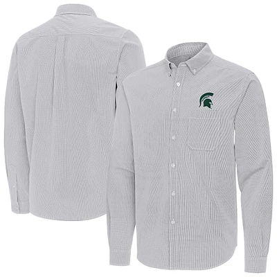 Men's Antigua Gray Michigan State Spartans Porter Woven Tri-Blend Long Sleeve Button-Down Shirt