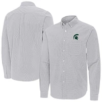 Men's Antigua Gray Michigan State Spartans Porter Woven Tri-Blend Long Sleeve Button-Down Shirt