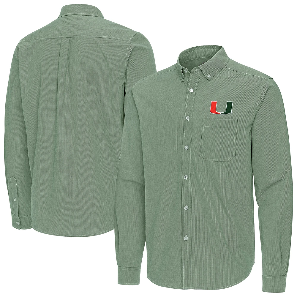 Men's Antigua Miami Hurricanes Porter Woven Tri-Blend Long Sleeve Button-Down Shirt