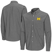 Men's Antigua Black Michigan Wolverines Porter Woven Tri-Blend Long Sleeve Button-Down Shirt