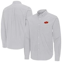 Men's Antigua Gray Oklahoma State Cowboys Porter Woven Tri-Blend Long Sleeve Button-Down Shirt