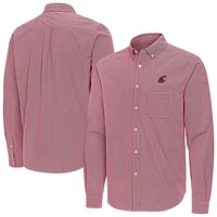 Men's Antigua Crimson Washington State Cougars Porter Woven Tri-Blend Long Sleeve Button-Down Shirt
