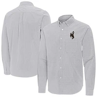 Men's Antigua Gray Wyoming Cowboys Porter Woven Tri-Blend Long Sleeve Button-Down Shirt