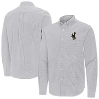 Men's Antigua Gray Wyoming Cowboys Porter Woven Tri-Blend Long Sleeve Button-Down Shirt
