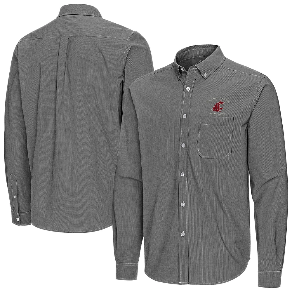 Men's Antigua Black Washington State Cougars Porter Woven Tri-Blend Long Sleeve Button-Down Shirt