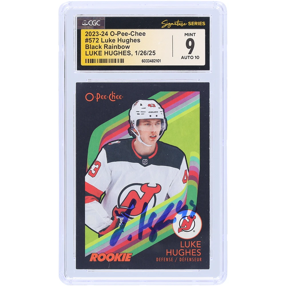Luke Hughes New Jersey Devils Autographed 2023-24 Upper Deck O-Pee-Chee Black Rainbow #572 #/100 CGC Fanatics Witnessed Authenticated 9/10 Rookie Card