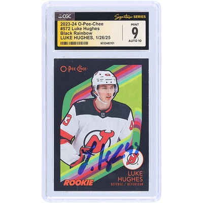 Luke Hughes New Jersey Devils Autographed 2023-24 Upper Deck O-Pee-Chee Black Rainbow #572 #/100 CGC Fanatics Witnessed Authenticated 9/10 Rookie Card