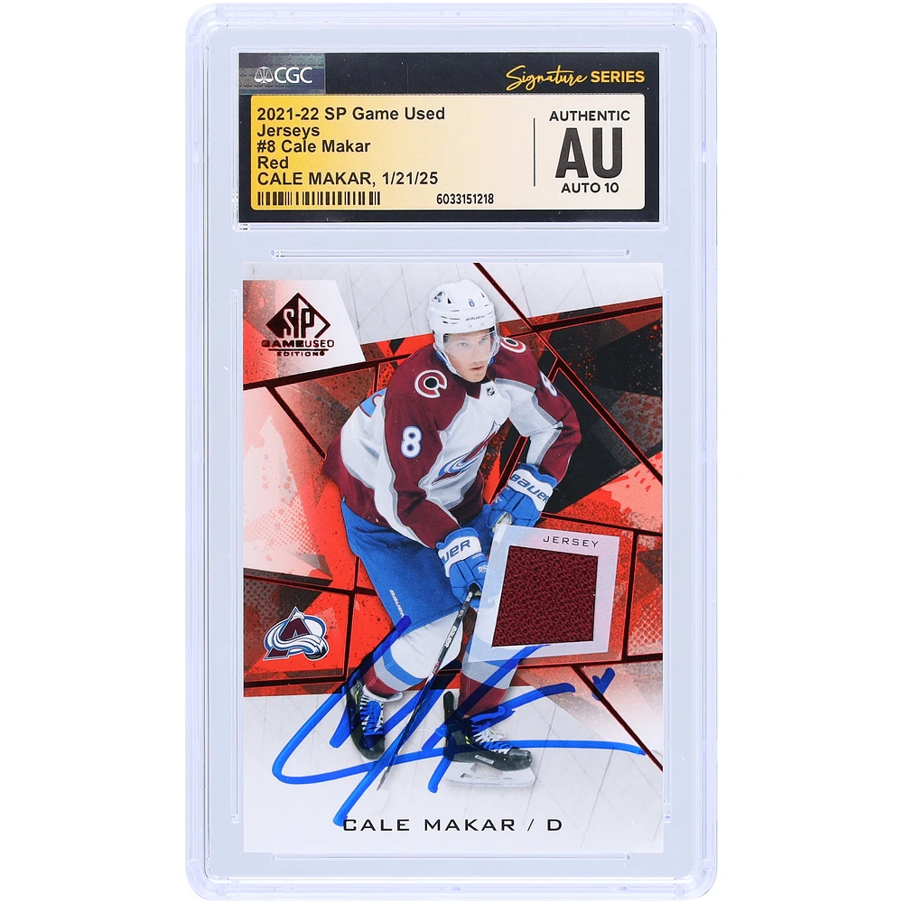 Cale Makar Colorado Avalanche Autographed 2021-22 Upper Deck SP Game Used Red Relic #8 CGC Fanatics Witnessed Authenticated Auto 10 Card