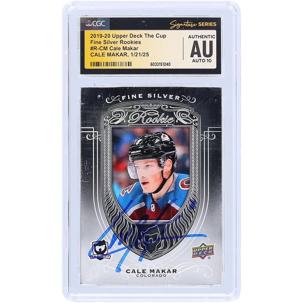 Cale Makar Colorado Avalanche Autographed 2019-20 Upper Deck The Cup Fine Silver Rookies Bar #R-CM CGC Fanatics Witnessed Authenticated Auto 10 Rookie Card