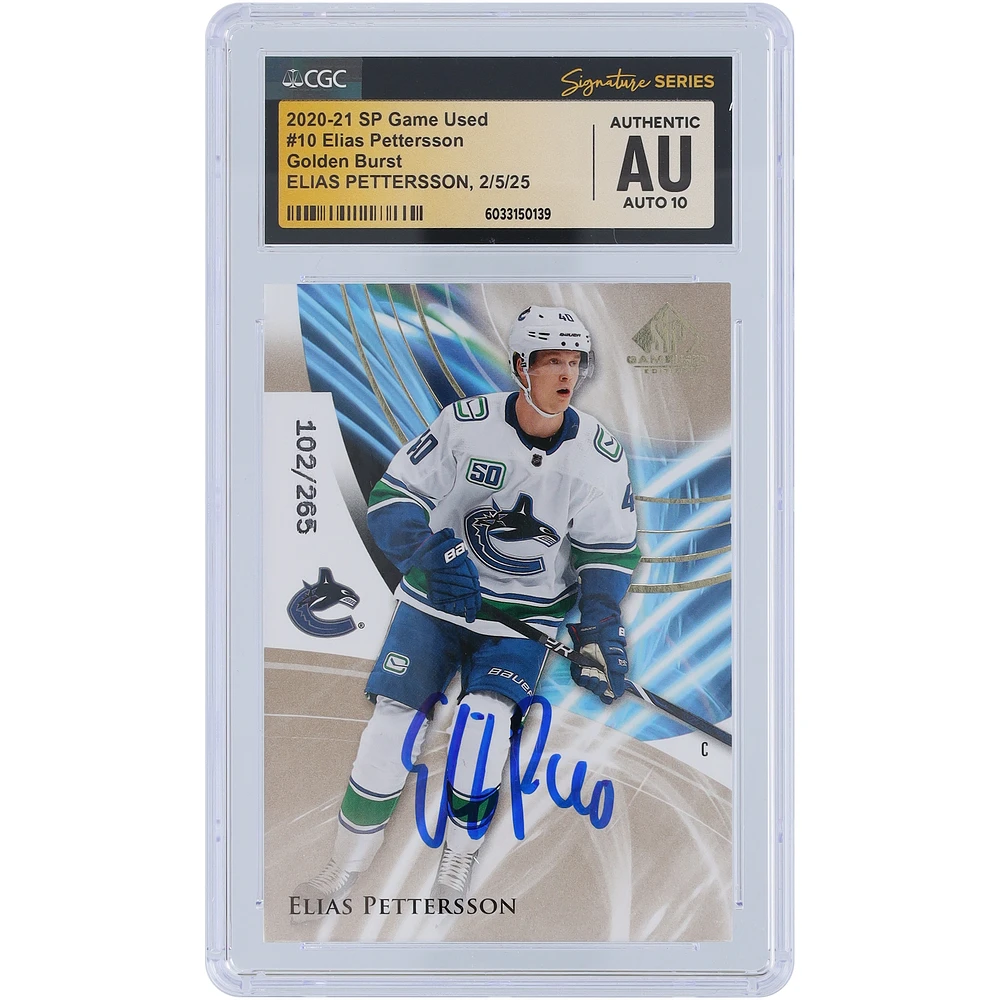 Elias Pettersson Vancouver Canucks Autographed 2020-21 Upper Deck SP Game Used Golden Burst #10 #/265 CGC Fanatics Witnessed Authenticated Auto 10 Card