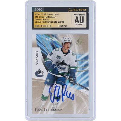 Elias Pettersson Vancouver Canucks Autographed 2020-21 Upper Deck SP Game Used Golden Burst #10 #/265 CGC Fanatics Witnessed Authenticated Auto 10 Card