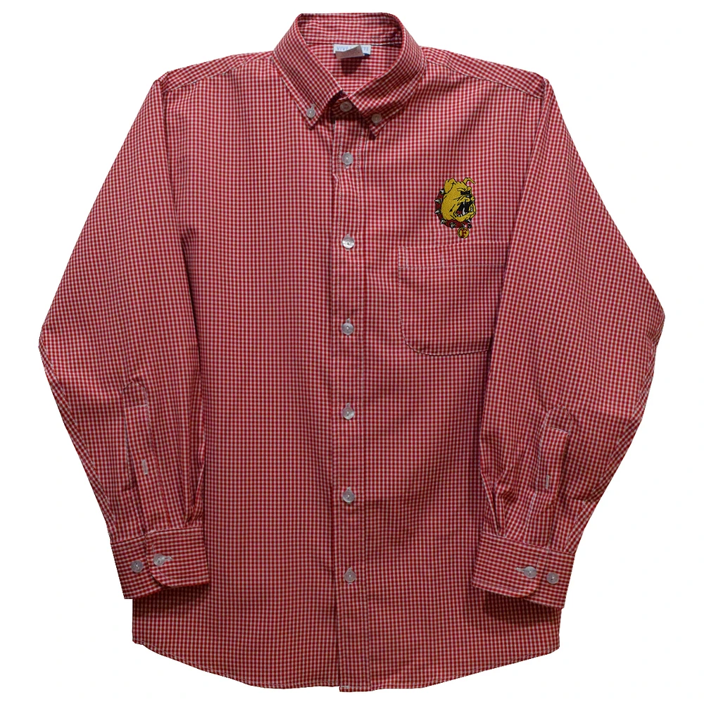 Youth Vive La Fete Crimson Ferris State Bulldogs Gingham Button-Down Long Sleeve Shirt