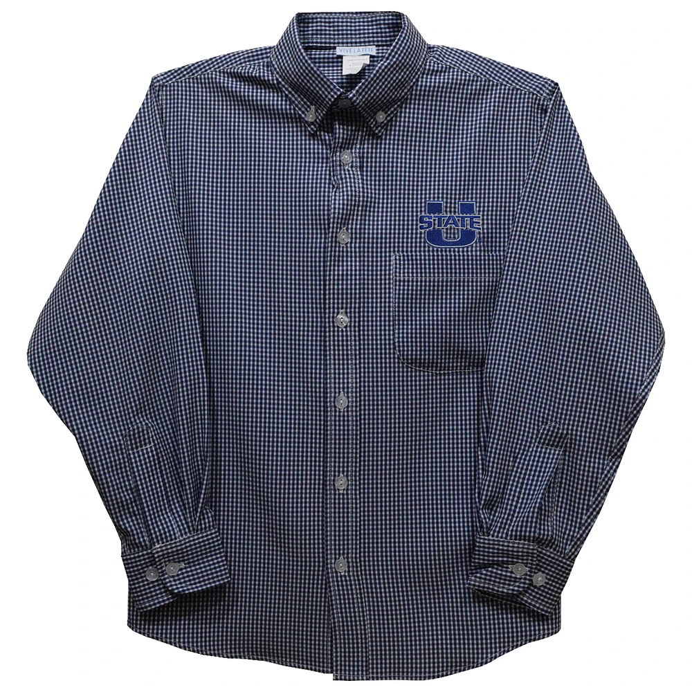 Youth Vive La Fete Navy Utah State Aggies Gingham Button-Down Long Sleeve Shirt