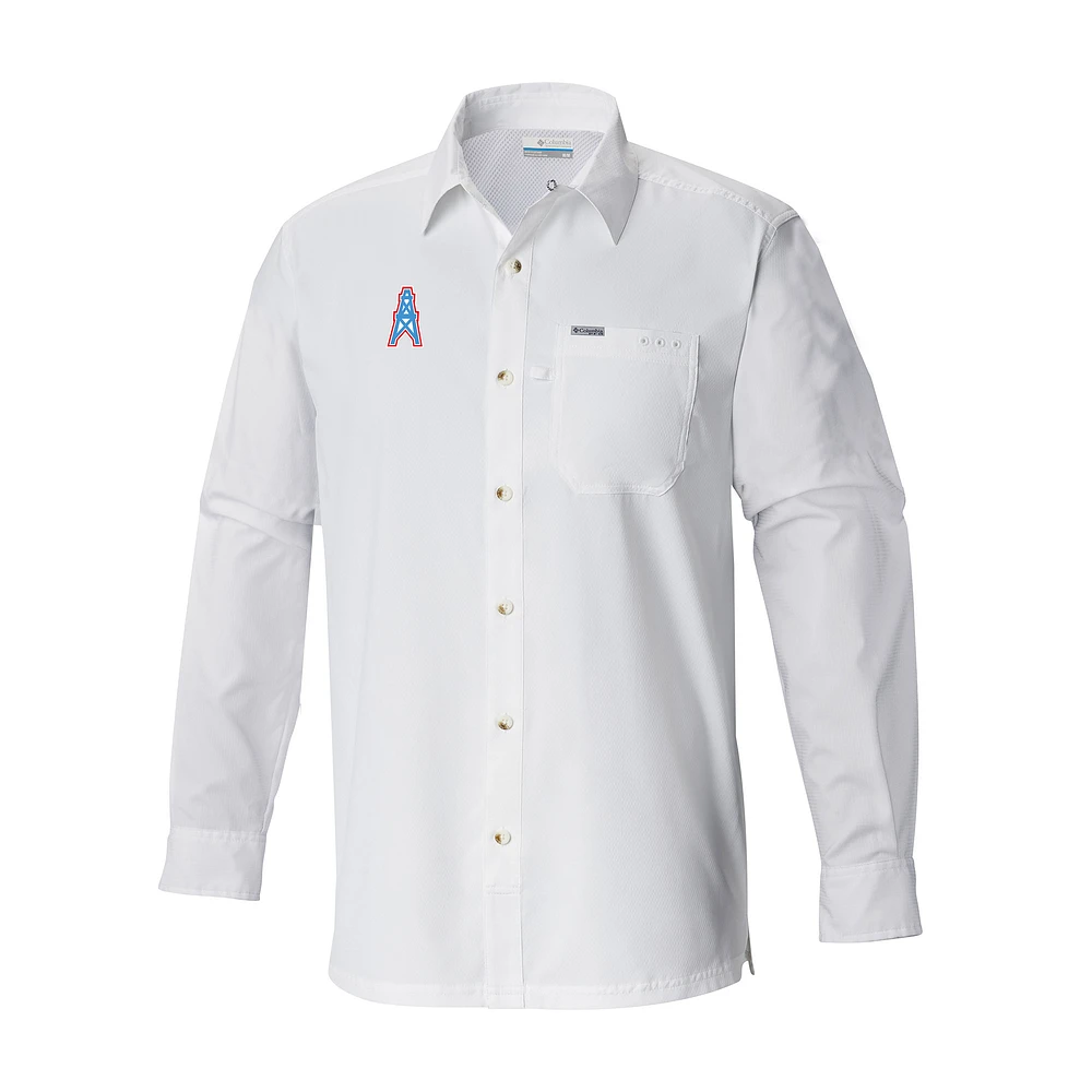 Men's Columbia White Houston Oilers Throwback Logo Slack Tide Omni-Wick Long Sleeve Button-Up Camp Shirt