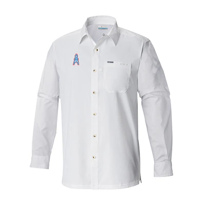 Men's Columbia White Houston Oilers Throwback Logo Slack Tide Omni-Wick Long Sleeve Button-Up Camp Shirt
