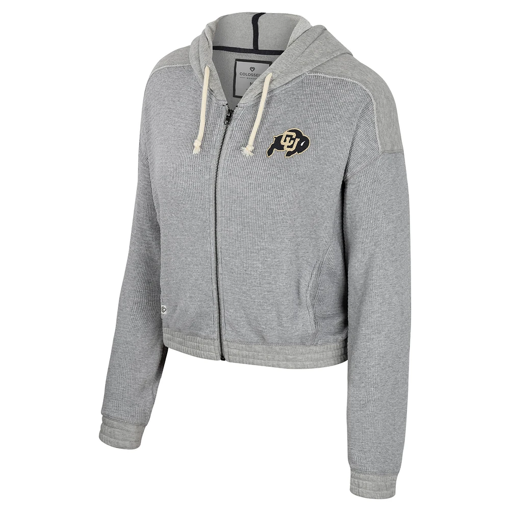 Women's Colosseum Heather Gray Colorado Buffaloes Midge Waffle Full-Zip Hoodie