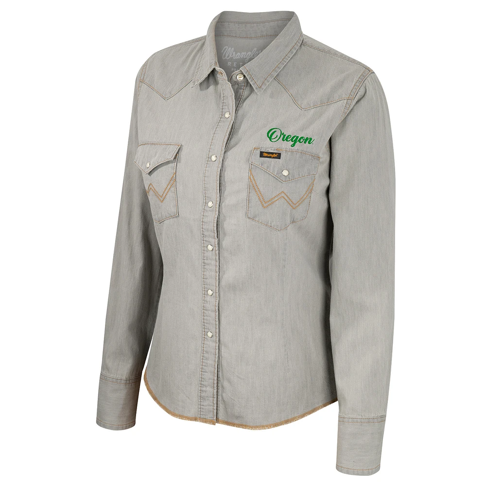 Women's Colosseum x Wrangler Gray Oregon Ducks Long Sleeve Western Full-Snap Shirt