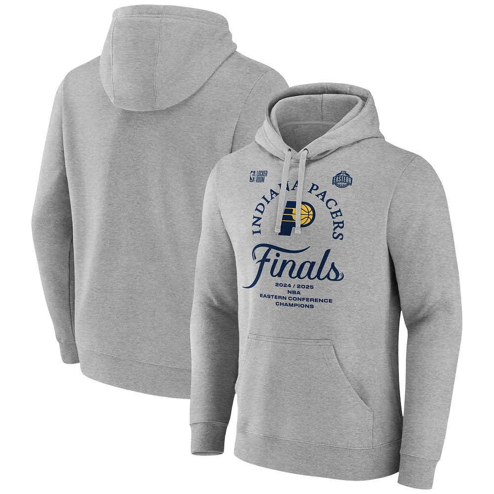 Men's Fanatics Heather Gray Indiana Pacers 2025 Eastern Conference Champions Locker Room Pullover Hoodie