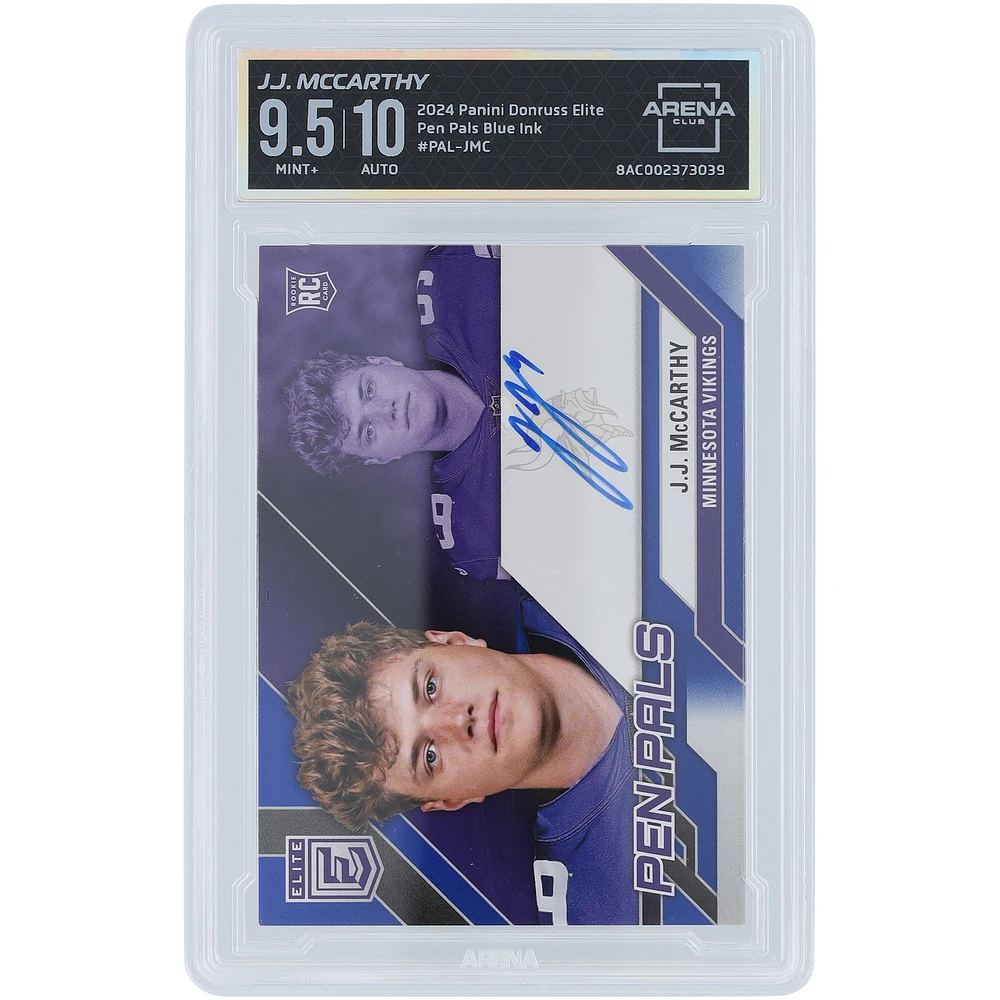 J.J. McCarthy Minnesota Vikings Autographed 2024 Panini Donruss Elite Pen Pals Blue Ink #PAL-JMC Arena Club Authenticated 9.5/10 Rookie Card - 9.5,9,9.5,10 Subgrades
