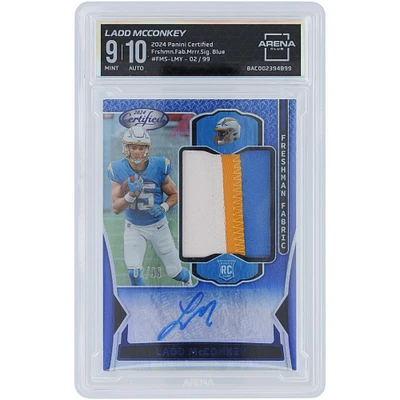 Ladd McConkey Los Angeles Chargers Autographed 2024 Panini Certified 3 Color Relic Mirror Blue #FMS-LMY #2/99 Arena Club Authenticated 9/10 Rookie Card - 9.5,8.5,9.5,10 Subgrades