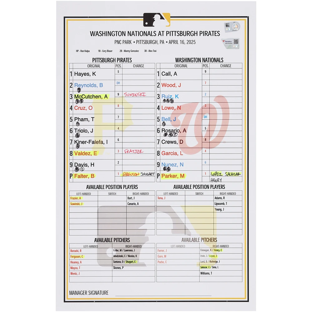 Pittsburgh Pirates Game-Used Lineup Card vs. Washington Nationals on April 16, 2025