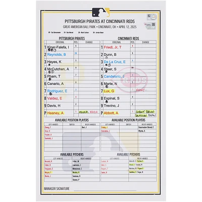 Pittsburgh Pirates Game-Used Lineup Card vs. Cincinnati Reds on April 12, 2025