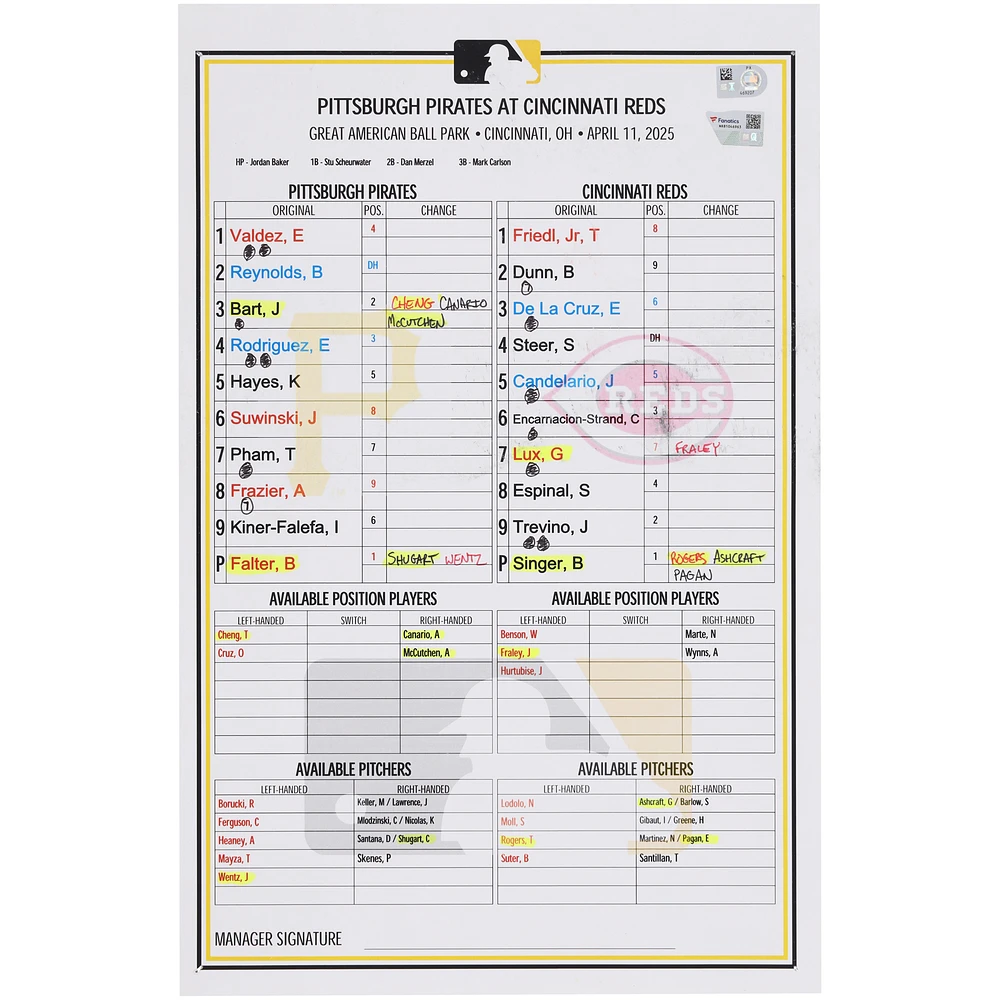 Pittsburgh Pirates Game-Used Lineup Card vs. Cincinnati Reds on April 11, 2025