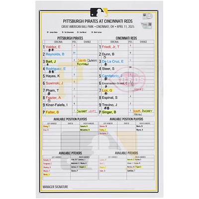 Pittsburgh Pirates Game-Used Lineup Card vs. Cincinnati Reds on April 11, 2025