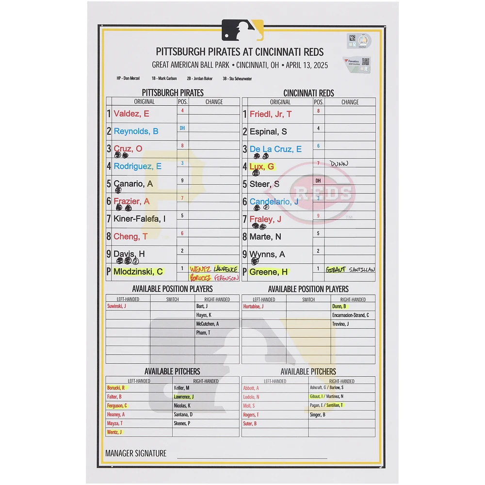 Pittsburgh Pirates Game-Used Lineup Card vs. Cincinnati Reds on April 13, 2025