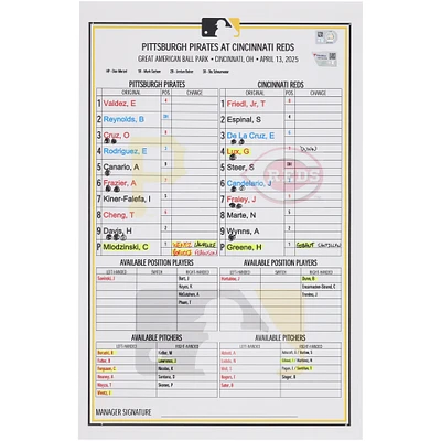 Pittsburgh Pirates Game-Used Lineup Card vs. Cincinnati Reds on April 13, 2025
