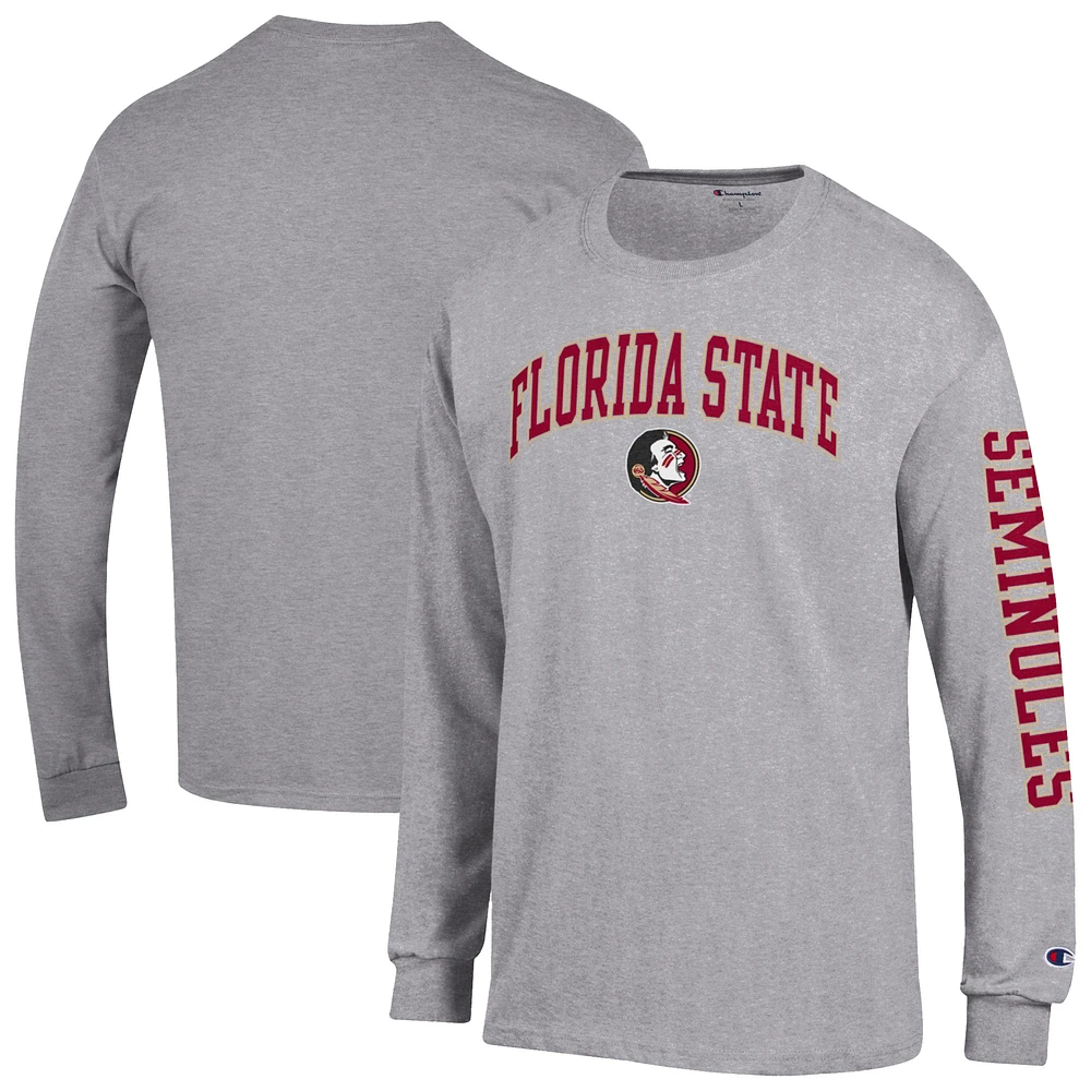 Men's Champion Heather Gray Florida State Seminoles Arch Over Logo 2-Hit Long Sleeve T-Shirt