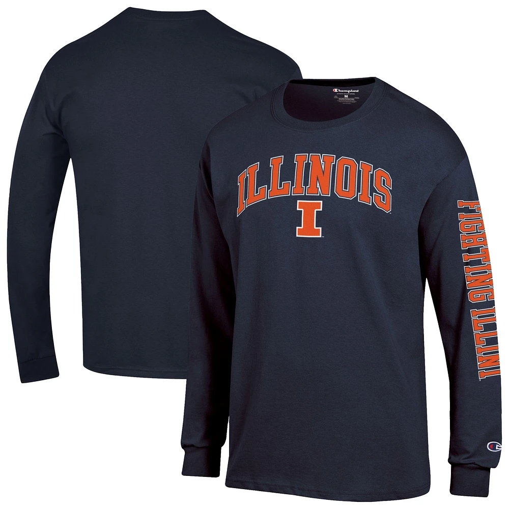 Men's Champion Navy Illinois Fighting Illini Arch Over Logo 2-Hit Long Sleeve T-Shirt
