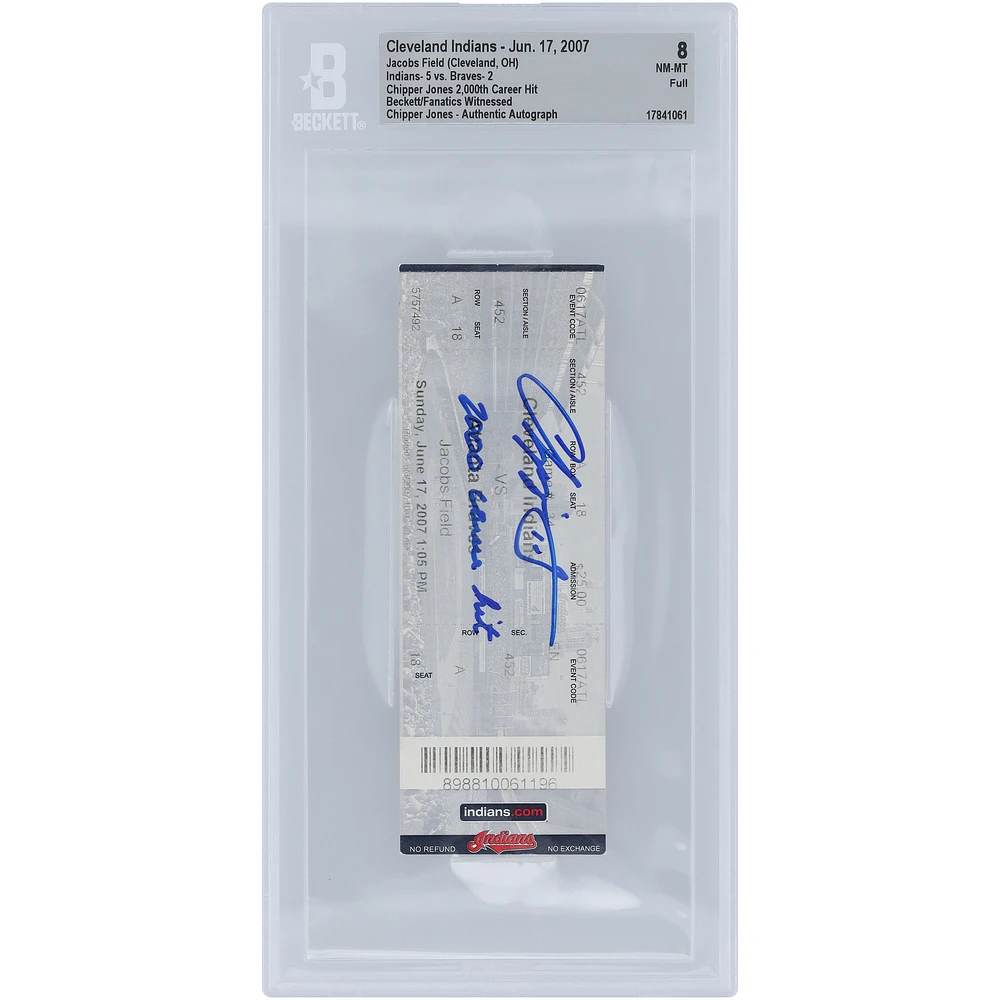 Chipper Jones Atlanta Braves Autographed 2,000th Career Hit Beckett Fanatics Witnessed Authenticated 8 Ticket from June 17, 2007 with "2000 Career Hit" Inscription