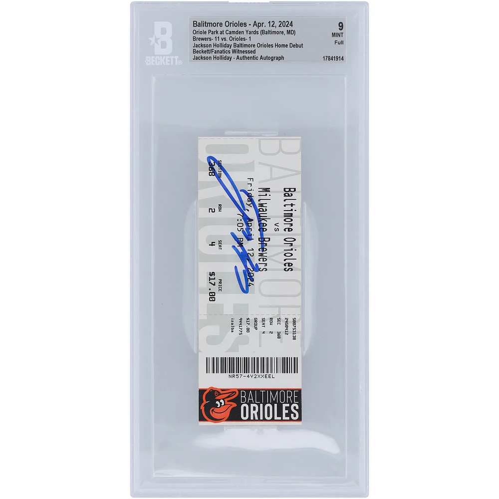 Jackson Holliday Baltimore Orioles Autographed Home Debut Beckett Fanatics Witnessed Authenticated 9 Ticket from April 12, 2024