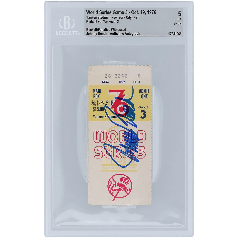 Johnny Bench Cincinnati Reds Autographed 1976 World Series Game 3 Beckett Fanatics Witnessed Authenticated 5 Ticket from October 19, 1976