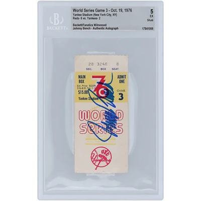 Johnny Bench Cincinnati Reds Autographed 1976 World Series Game 3 Beckett Fanatics Witnessed Authenticated 5 Ticket from October 19, 1976