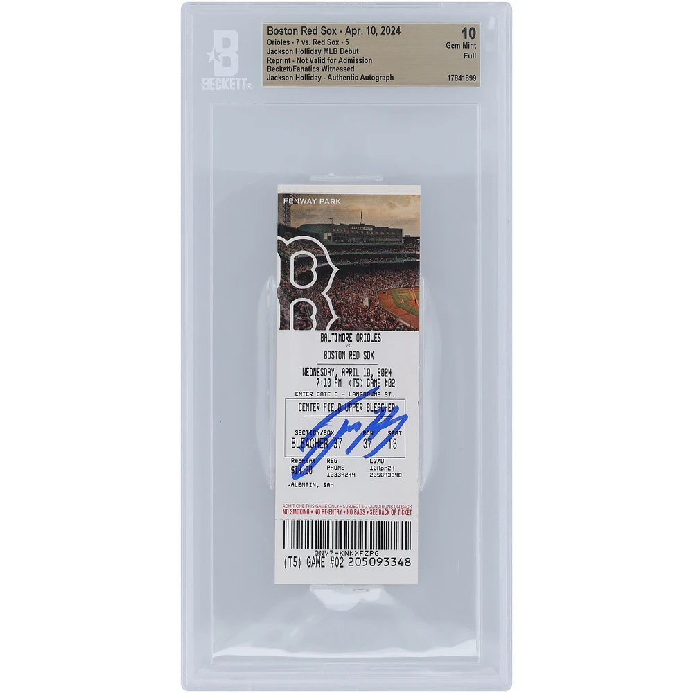 Jackson Holliday Baltimore Orioles Autographed MLB Debut Beckett Fanatics Witnessed Authenticated 10 Ticket from April 10, 2024