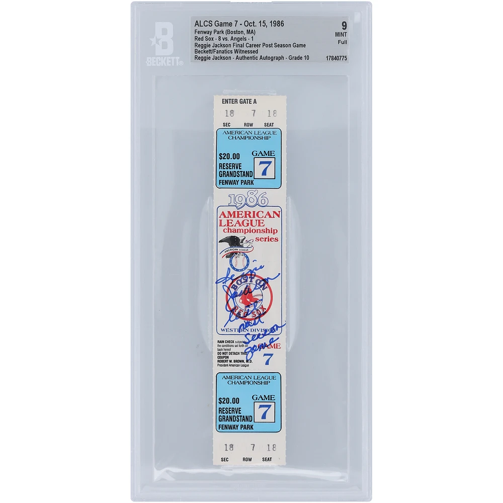 Reggie Jackson California Angels Autographed Final Career Post Season Game Beckett Fanatics Witnessed Authenticated 9/10 Ticket from October 15, 1986 with "Last Post Season Game" Inscription
