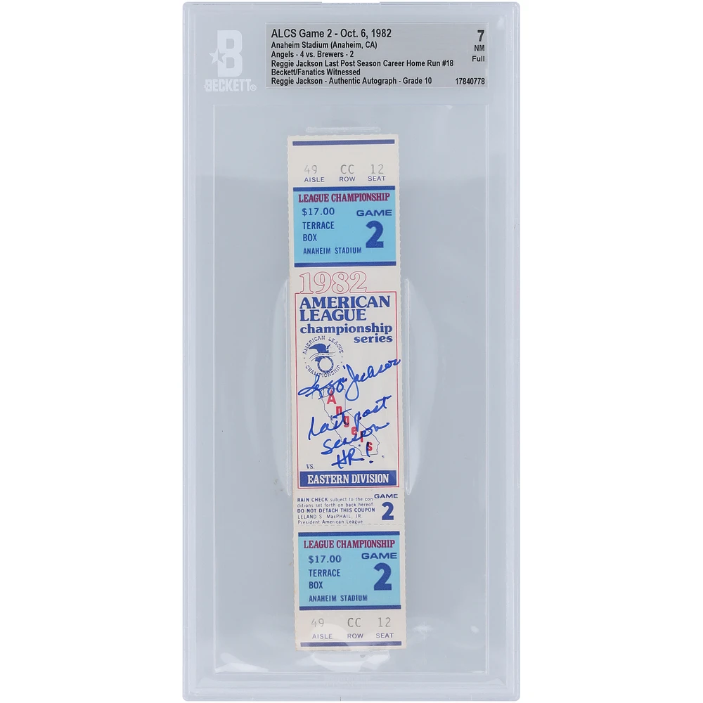 Reggie Jackson California Angels Autographed Last Post Season Career Home Run #18 Beckett Fanatics Witnessed Authenticated 7/10 Ticket from October 6, 1982 with "Last Post Season HR!" Inscription