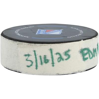 Viktor Arvidsson Edmonton Oilers Game-Used Goal Puck vs. New York Rangers on March 16, 2025