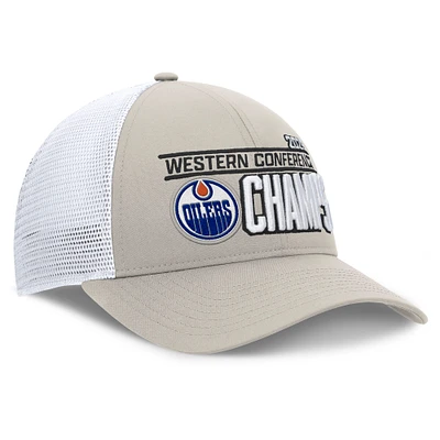 Men's Fanatics  Natural/White Edmonton Oilers 2025 Western Conference Champions Locker Room Trucker Adjustable Hat