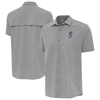Men's Antigua Gray Seattle Mariners Activate Stars and Stripes Team Logo Short Sleeve Button-Up Shirt
