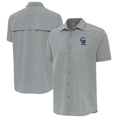 Men's Antigua Gray Colorado Rockies Activate Stars and Stripes Team Logo Short Sleeve Button-Up Shirt
