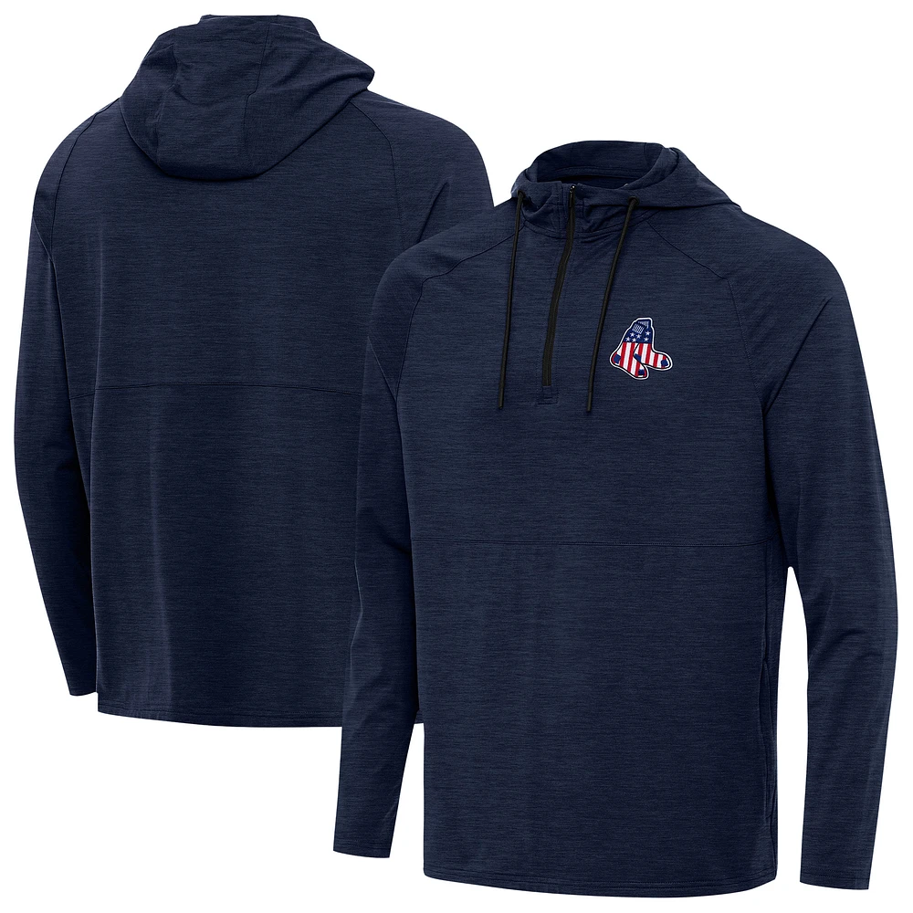 Men's Antigua Heather Navy Boston Red Sox Spikes Stars and Stripes Team Logo Quarter-Zip Pullover Hoodie