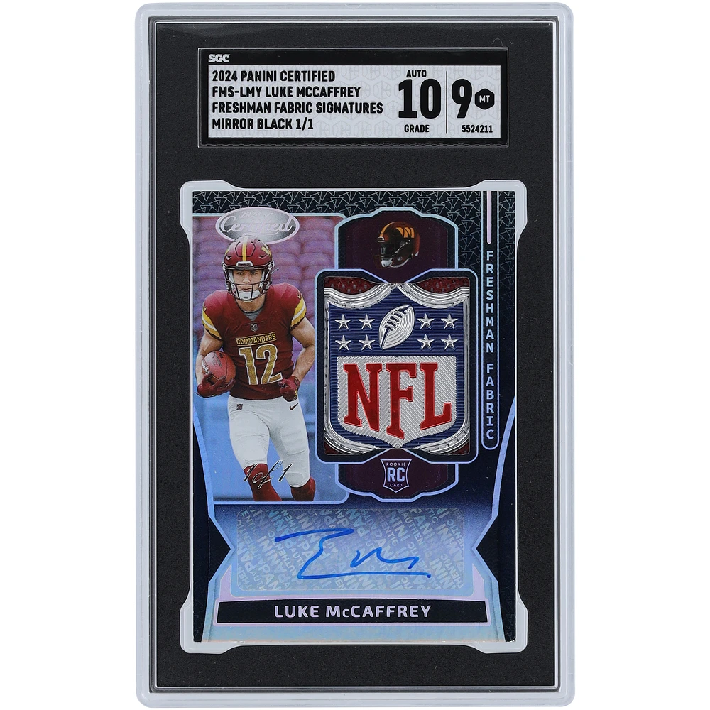 Luke McCaffrey Washington Commanders Autographed 2024 Panini Certified Mirror Black Freshman Fabric NFL Logo Crest Relic Signatures #FMS-LMY #1/1 SGC Authenticated 9/10 Rookie Card