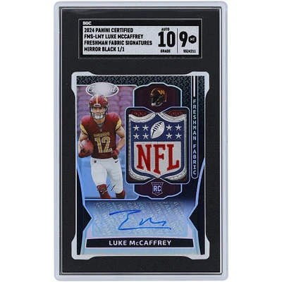 Luke McCaffrey Washington Commanders Autographed 2024 Panini Certified Mirror Black Freshman Fabric NFL Logo Crest Relic Signatures #FMS-LMY #1/1 SGC Authenticated 9/10 Rookie Card