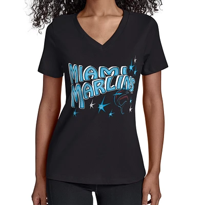 Women's Starter Black Miami Marlins Fireworks V-Neck T-Shirt