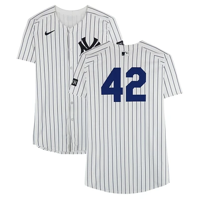 Oswald Peraza New York Yankees Game-Used #42 White Nike Pinstripe Jersey vs. Kansas City Royals on April 15, 2025 - Jackie Robinson Day